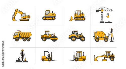 Collection of various construction machines and heavy equipment illustrations set on white