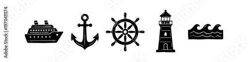 Nautical vector icon set featuring a hand-drawn cruise ship, anchor, helm, lighthouse, and sea waves. Minimalist black silhouettes for maritime travel and summer ocean themes.
