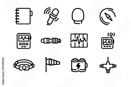 Set of technical equipment and navigation icons featuring compass microphone batteries headlamp and heart rate monitor for professional use