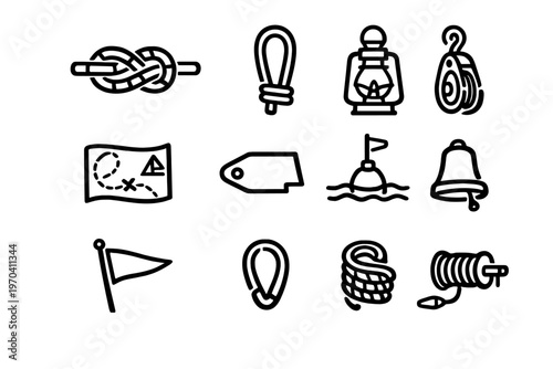 Nautical and maritime equipment line icons featuring rope knot lantern pulley treasure map buoy bell flag carabiner and winch