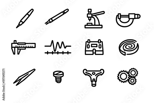 A collection of twelve minimalist line icons representing watchmaking