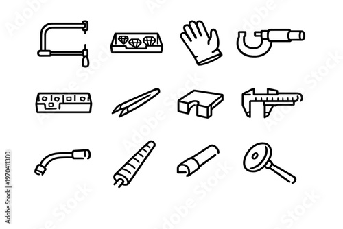 Jewelry making tools and equipment icons set including saw diamonds glove micrometer tweezers caliper and ring mandrel for goldsmith