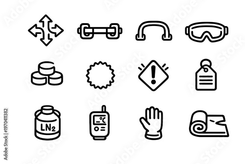 Industrial safety and laboratory equipment icons featuring liquid nitrogen tank goggles protective glove and warning symbols on white