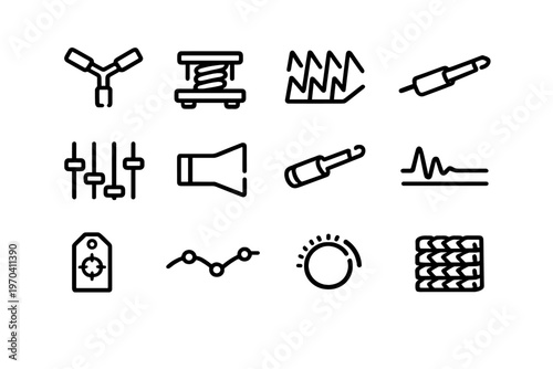 A collection of twelve minimalist black line icons representing audio