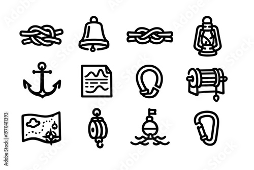 Nautical and sailing equipment line icons featuring anchor rope knots ship bell lantern map buoy and climbing gear on white background