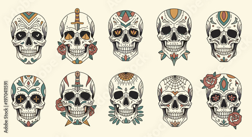 Decorated Sugar Skulls Collection for Day of the Dead Celebration Design Elements