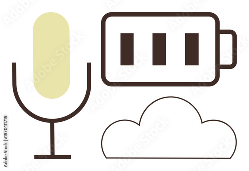 Digital services, cloud storage, audio technology, energy, voice recording, broadcasting. Microphone, battery icon cloud outline. Digital services and cloud storage