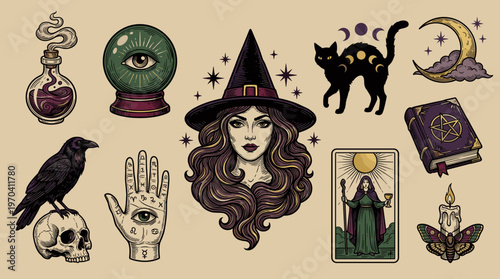 Mystical Witchcraft Elements Icon Set with Magic Spells and Spiritual Symbols