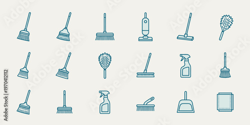 Minimalist Illustration of House Cleaning Tools and Equipment on a Light Background