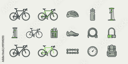 Minimalist bicycle and cycling accessory icons in a clean modern design style