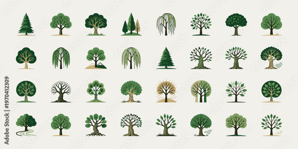 Fototapeta premium Illustration Set of Various Green Tree Types on a Light Background