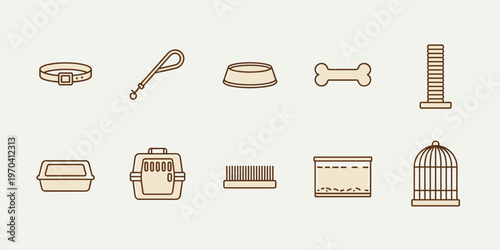 Clean Vector Illustration Set of Pet Care and Animal Supplies Icons on White Background