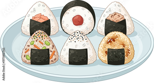 A plate of assorted onigiri and sushi rolls on a table indoors