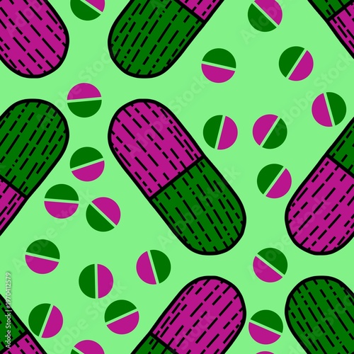 Medicine seamless pills pattern for wrapping paper and doctor clothes and packaging and medical accessories