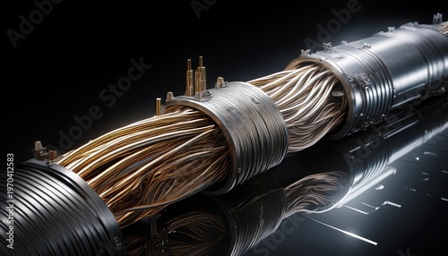 electric wire cable structure armored submarin aluminium elctric cable on black background
