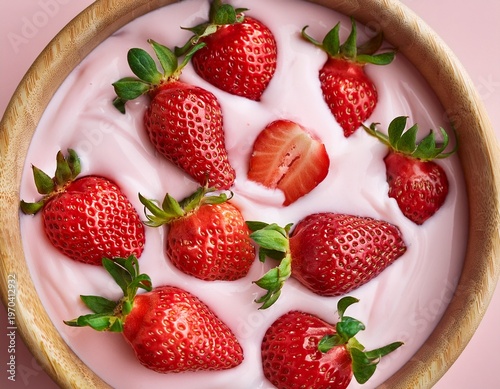 top view of whole strawberry fruits in pink creamy yoghurt