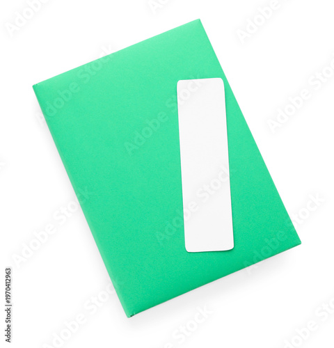 Book with bookmark isolated on white, top view