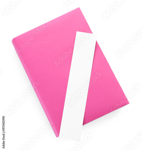 Book with bookmark isolated on white, top view