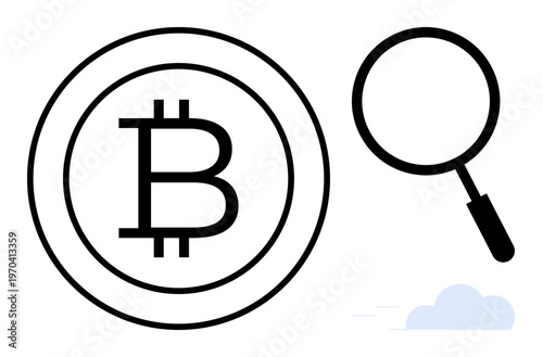 Bitcoin research concept. Bitcoin symbol paired with a magnifying glass s cryptocurrency analysis, Bitcoin trends, and blockchain investigation. Great for cryptocurrency, data analytics, market