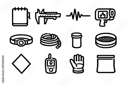 Collection of forensic investigation tools and crime scene evidence gathering equipment icons for criminal justice and scientific research