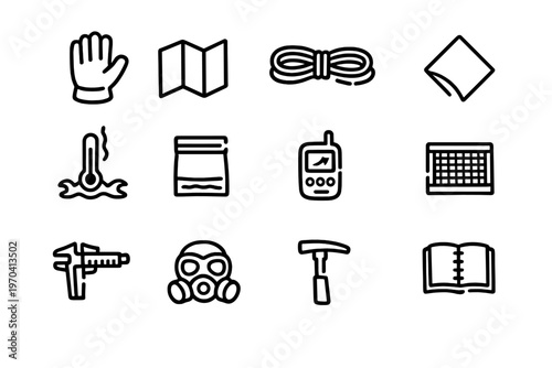 Collection of essential survival gear and outdoor exploration equipment icons for wilderness navigation and emergency preparedness