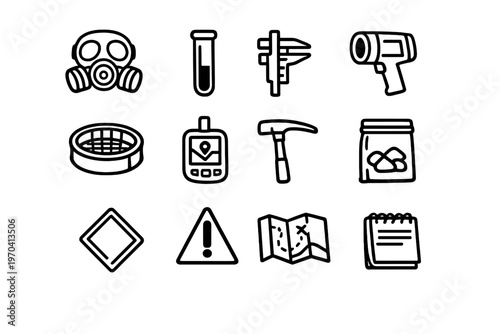Set of hand drawn geological and scientific research equipment icons for field exploration and laboratory analysis