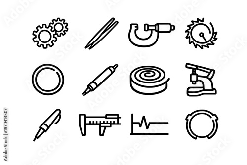 Set of industrial engineering and precision measurement tool icons featuring mechanical components and technical equipment symbols