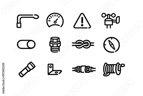 Set of industrial and nautical line icons including compass gauge knot flashlight winch and warning sign on white background