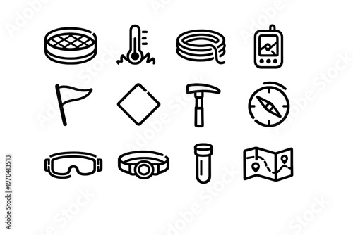 Set of outdoor adventure and hiking equipment icons featuring navigation tools and camping gear for wilderness exploration and travel