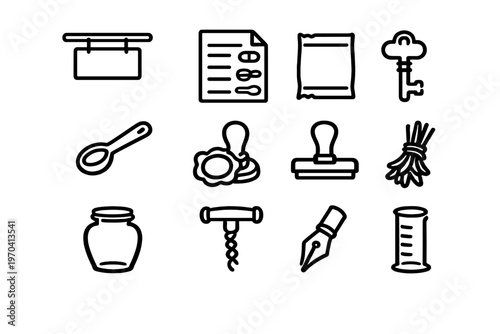 Set of vintage and craft icons including wax seal stamp fountain pen nib key jar and corkscrew on white background