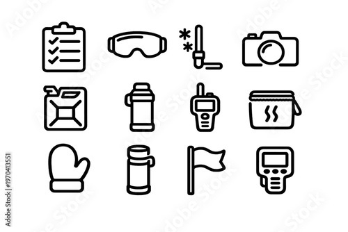 Collection of outdoor adventure and winter expedition equipment icons featuring essential gear for cold weather exploration and travel