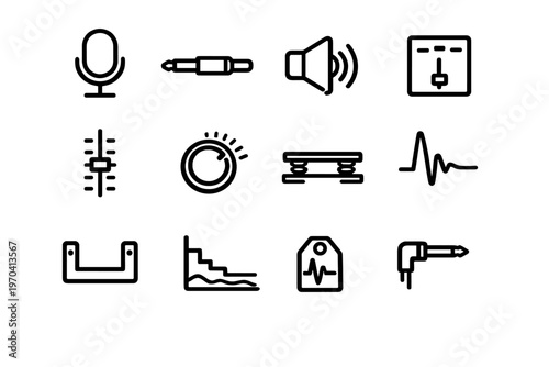 Audio equipment and sound engineering icons with microphones cables speakers and mixing controls for professional studio production