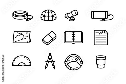 Collection of astronomy and science education line icons featuring telescope star map protractor compass and notebook for academic research