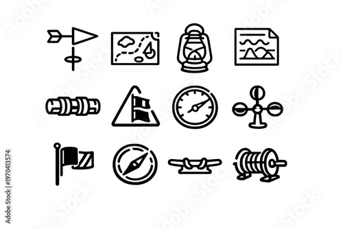 Collection of nautical and maritime navigation equipment icons for marine travel and exploration activities