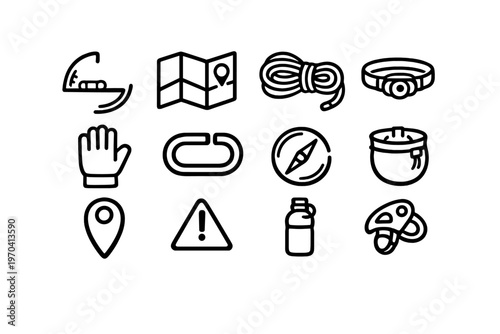 Set of climbing and mountaineering equipment icons for outdoor adventure activities and extreme sports navigation and safety gear