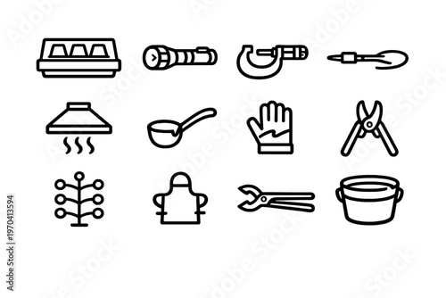 Collection of industrial and household tools and equipment icons including flashlight work glove pliers and apron on white background