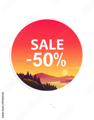  Etiqueta con paisaje de atardecer y texto promocional en formato redondo.
