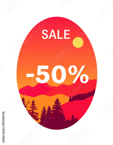  Diseño ovalado con paisaje y texto de descuento en tonos cálidos.
