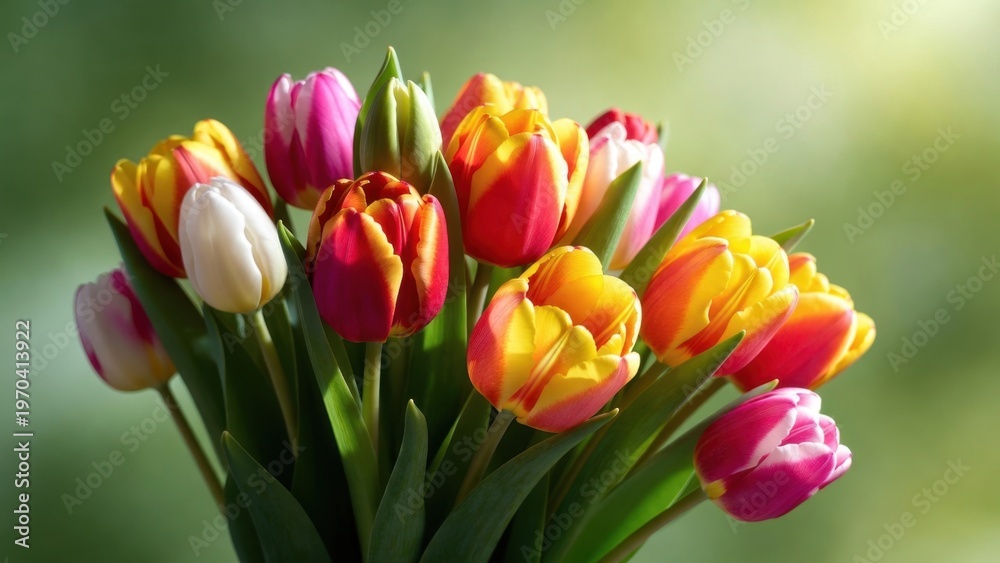 Fototapeta premium Multicolor tulip bouquet closeup with vibrant petals for spring greeting card background and floral banner design