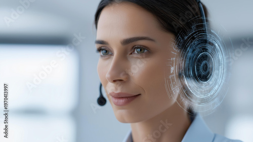 Woman with a headset and digital overlay representing AI customer support and virtual assistance in a call center, future technology concept, defocused background, with copy space