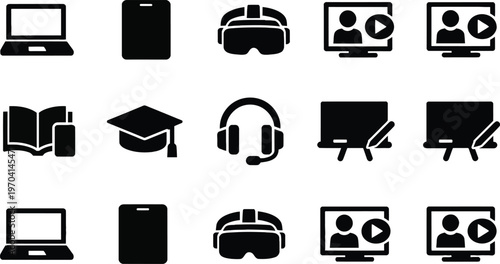 Educational and communication icons set a comprehensive visual representation of learning and technology