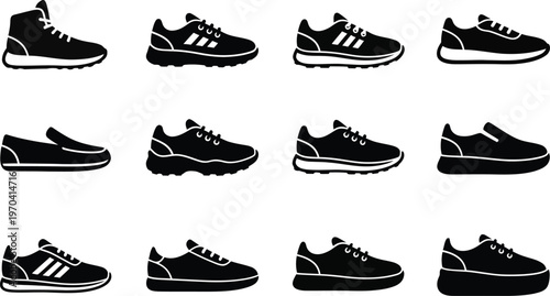 Black and white silhouette collection of running shoes in various styles and perspectives