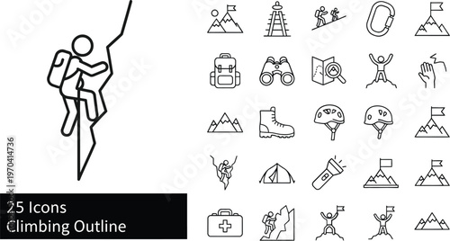 Climbing outline icons collection diverse gear and equipment for outdoor adventure