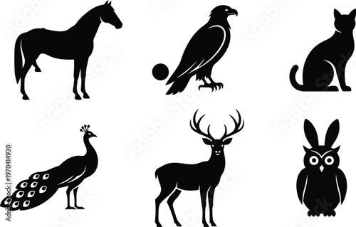 Silhouette collection of animals a dark and minimalist wildlife illustration