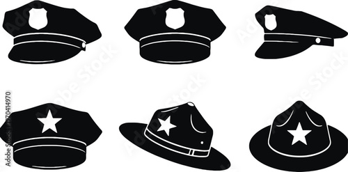 Collection of black and white police and military hats illustration