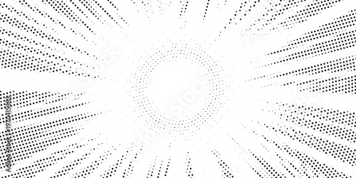 Abstract radial halftone burst pattern, black dots explosion from center, dynamic comic style background, modern minimal geometric design, high contrast monochrome starburst texture