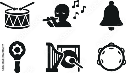 Musical instruments collection a black and white glyph icon set
