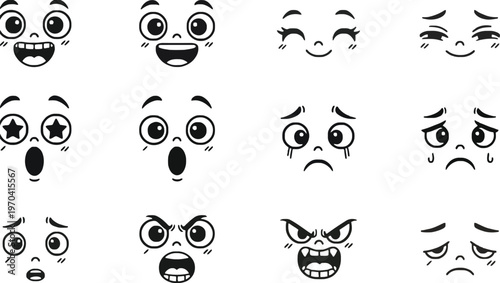 Collection of diverse black and white cartoon face expressions on a white background