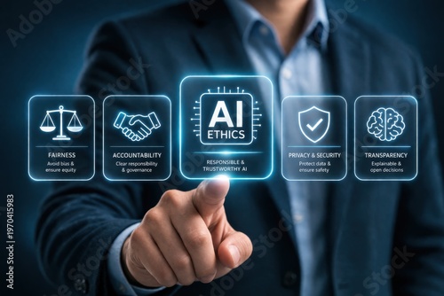 AI ethics framework showing fairness, accountability, privacy, transparency and responsible AI principles