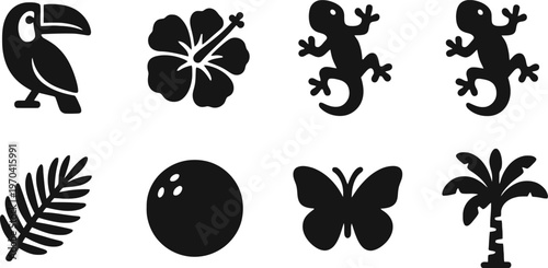 Tropical wildlife and flora silhouettes a collection of exotic elements